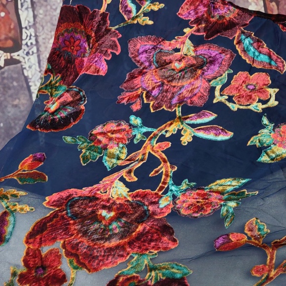 Navy Blue Mesh Kimono Jacket w/Multi Color Velvet Flowers - Picture 2 of 6